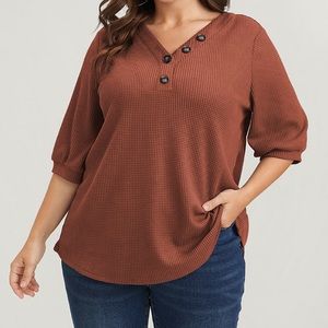 Bloomchic Orange Plain Button V Neck Waffle Knit Tee Size 14-16